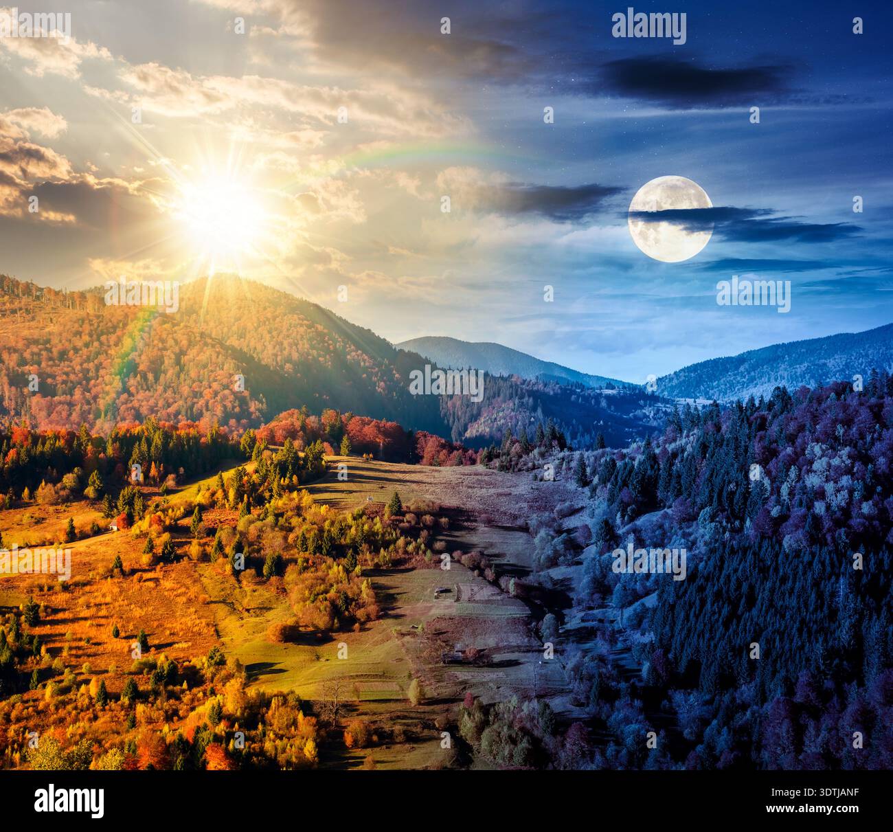 rural area in mountains autumn landscape. day and night time change concept. beautiful countryside scenery with rolling hills under blue sky with sun Stock Photo