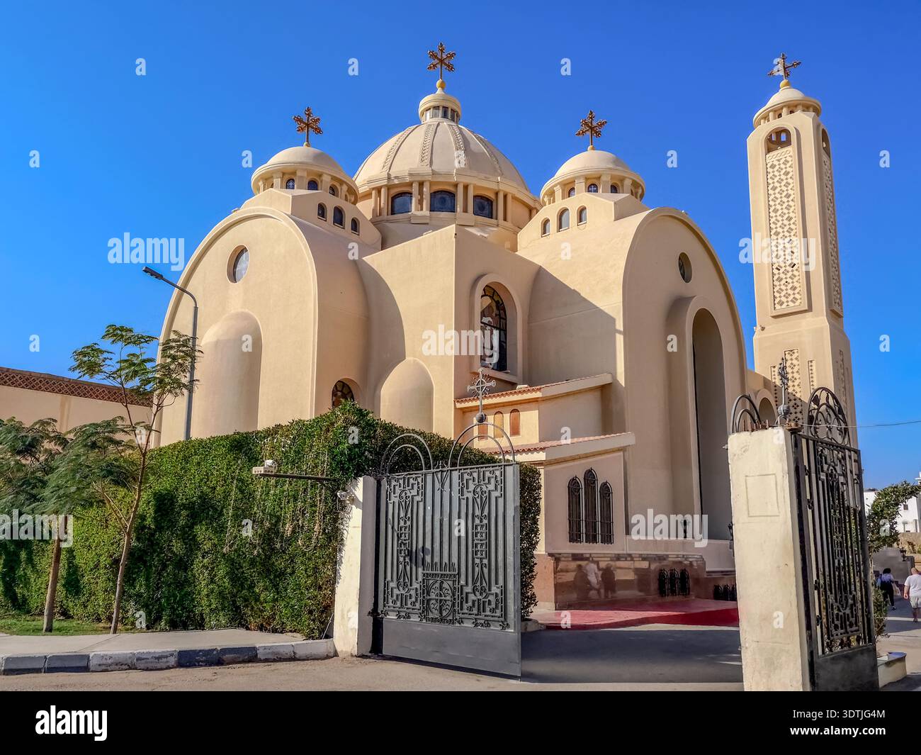 Egypt, Sharm El Sheikh - January 18, 2020: New modern El Sama-eyeen Coptic Orthodox Church, outside view. Entrance to the courtyard - Smartphone Captured Stock Image