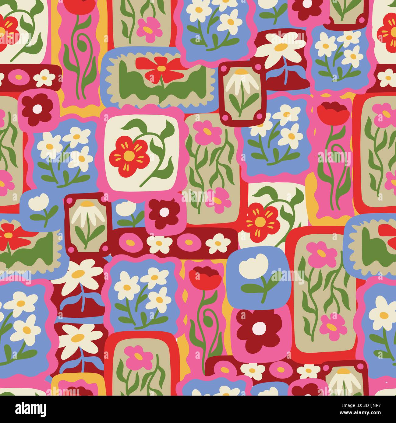 Playful floral seamless pattern with colorful retro flowers decorative tiles design Stock Vector