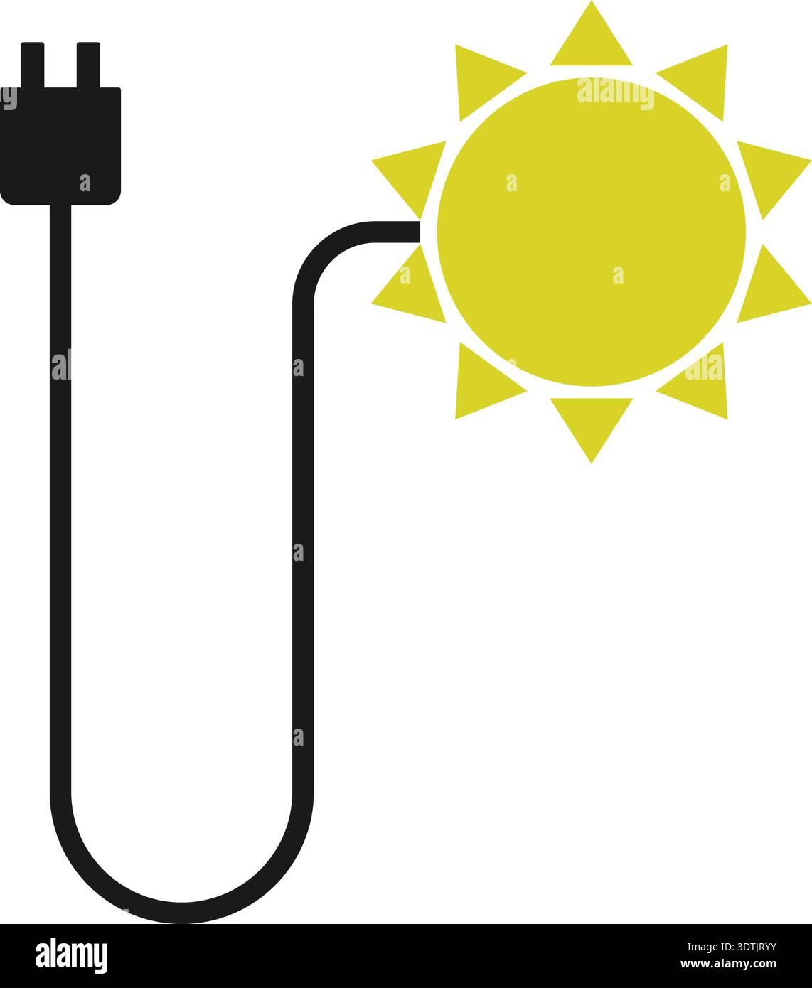 Cable with plug connected directly to a stylized sun representing solar-powered electrical connection. Stock Vector