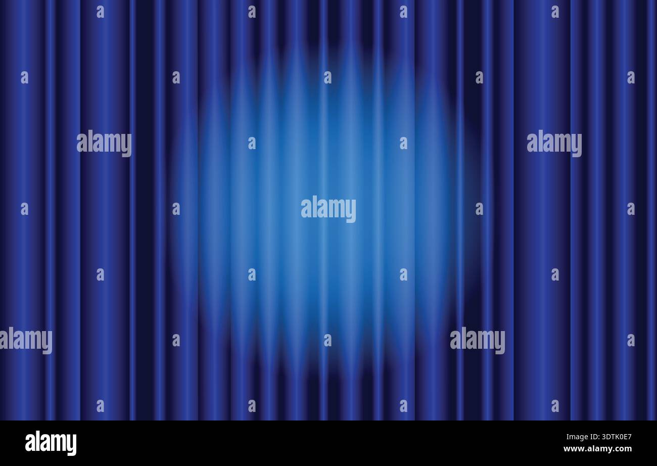 Blue curtain background. Spotlight on stage curtain. Velveteen Theatrical drapes. Wavy velvet background Stock Vector
