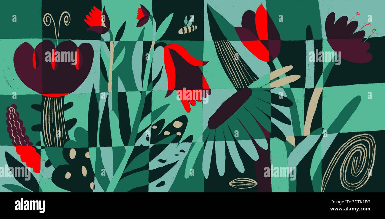 A vibrant illustration featuring geometric floral designs. Bold colors ...