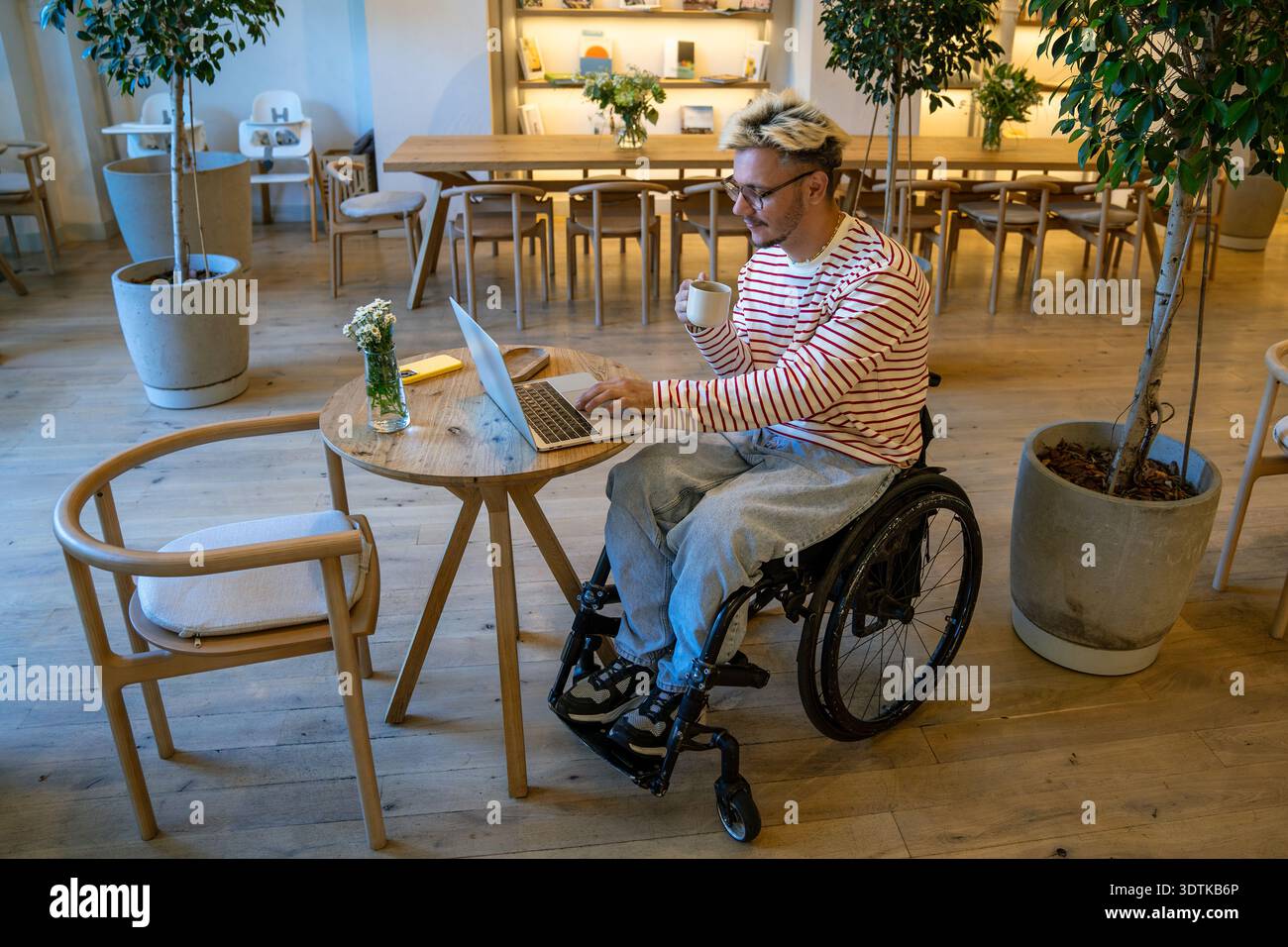 Cheerful positive disabled man in wheelchair working on laptop and drinking coffee in cozy cafe. Stock Photo