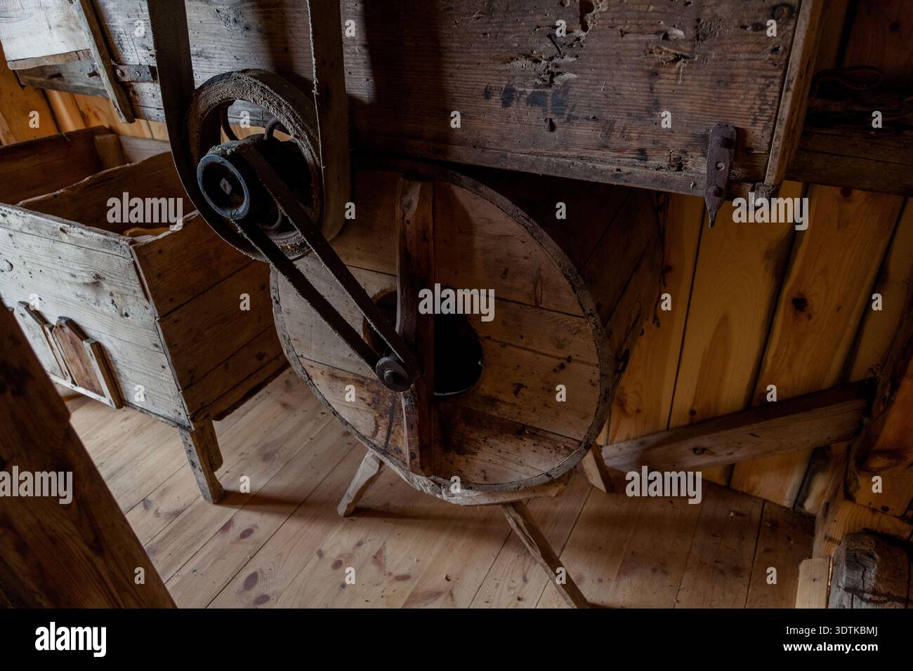Interior mechanism of a traditional Estonian windmill, featuring a ...