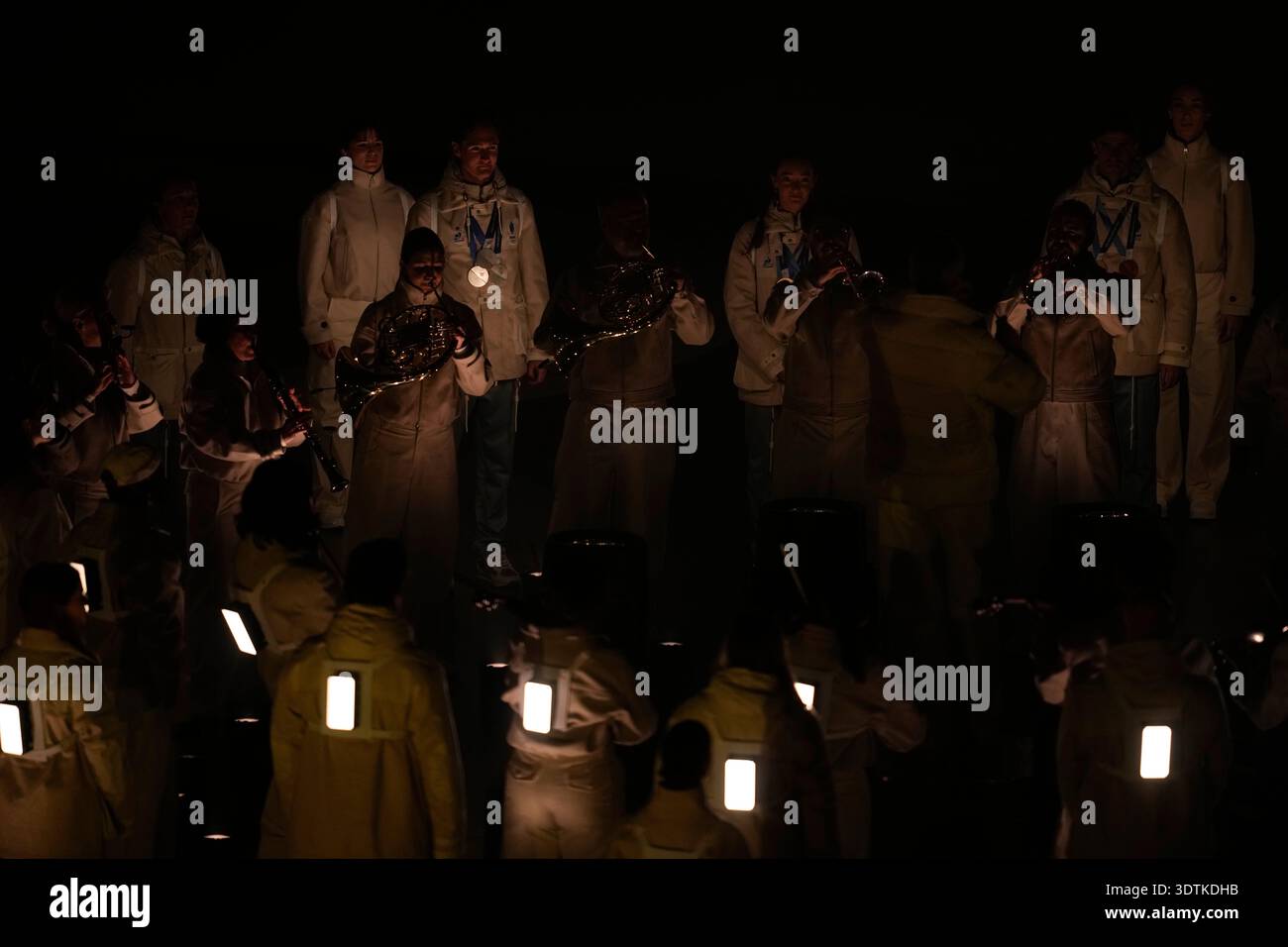 Artists perform the French national anthem during the closing ceremony ...