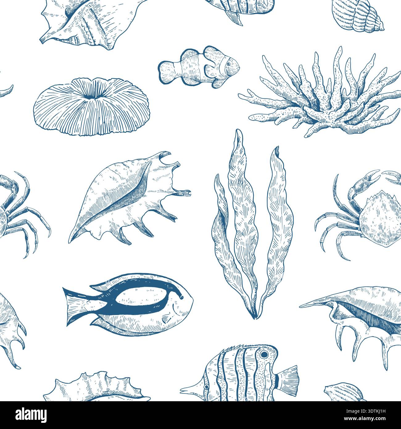Elegant seamless pattern with corals, seaweeds and underwater creatures, seashells and fishes. Hand-drawn vector illustration. Stock Vector