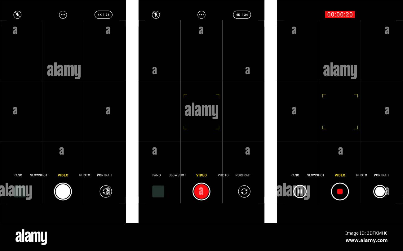 Vector set of portrait smartphone camera UI overlays featuring grid ...