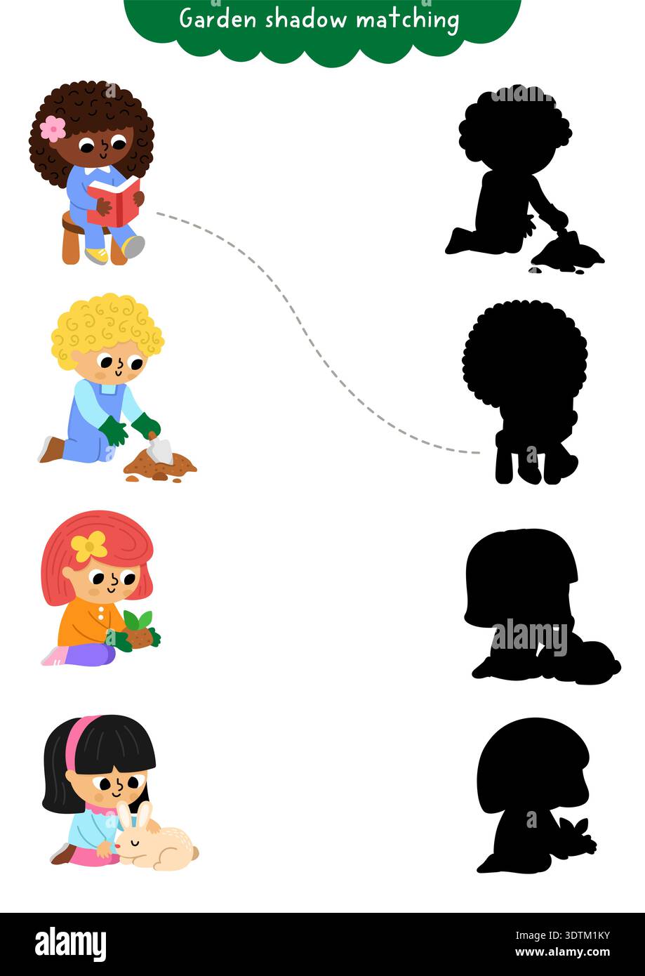 Garden shadow matching activity with children gardeners. Spring puzzle ...