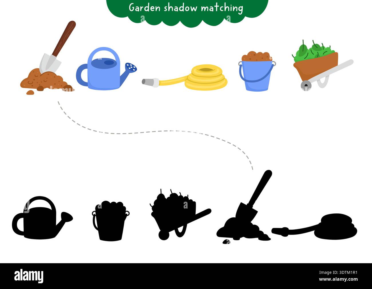Garden shadow matching activity with gardening tools. Spring puzzle ...