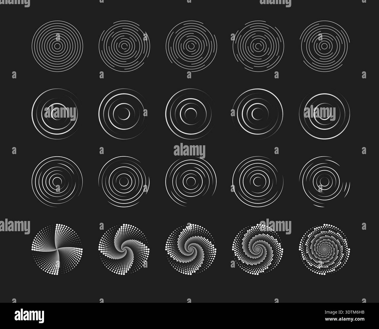 Set of white circular ripple or vortex symbols on black background. Concentric circles with broken lines. Centrifuge, whirlpool, sonar or sound wave Stock Vector