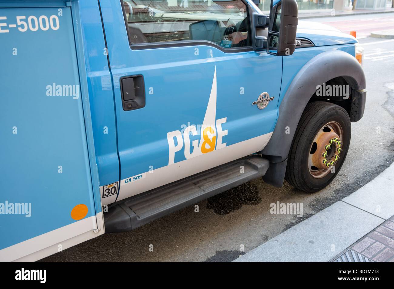 Close-up of logo for Pacific Gas and Electric (PG&E) on utility truck ...