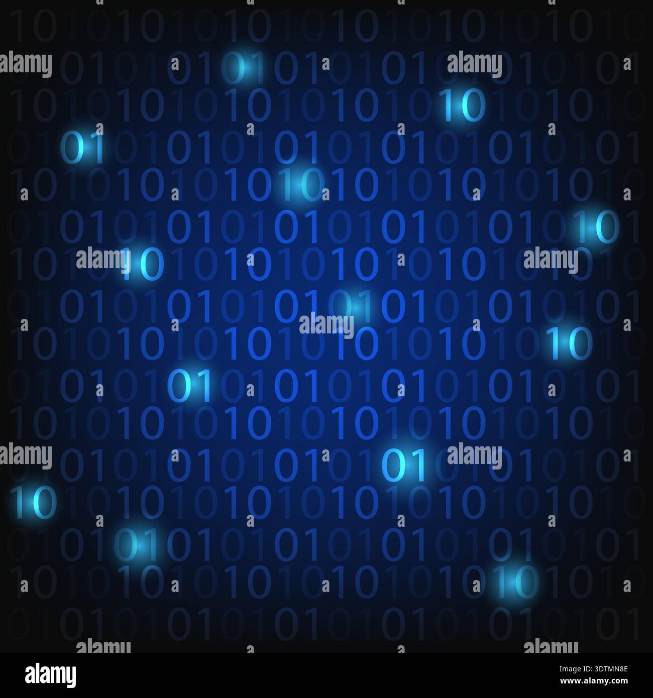 Abstract blue binary numbers glowing on dark background, digital data flow, technology cybersecurity and information concept Stock Vector
