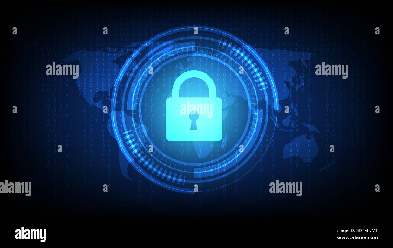 Glowing padlock on futuristic global network interface with binary code, representing cybersecurity, data protection and privacy Stock Vector