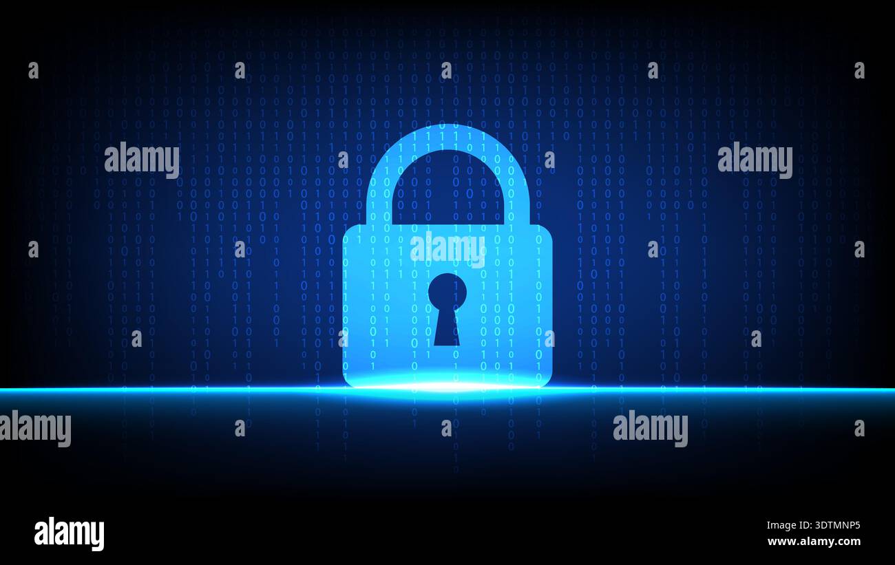 Glowing padlock icon on dark blue binary code background symbolizing data protection, cybersecurity and online privacy Stock Vector