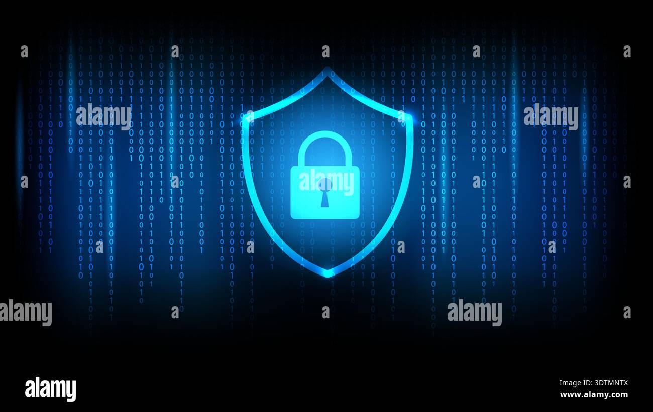 Glowing lock shield on binary code background representing digital security, cybersecurity and data protection Stock Vector