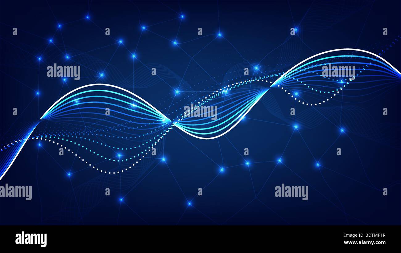 Futuristic abstract wave background with flowing blue lines, glowing dots and connected network nodes representing data and technology Stock Vector