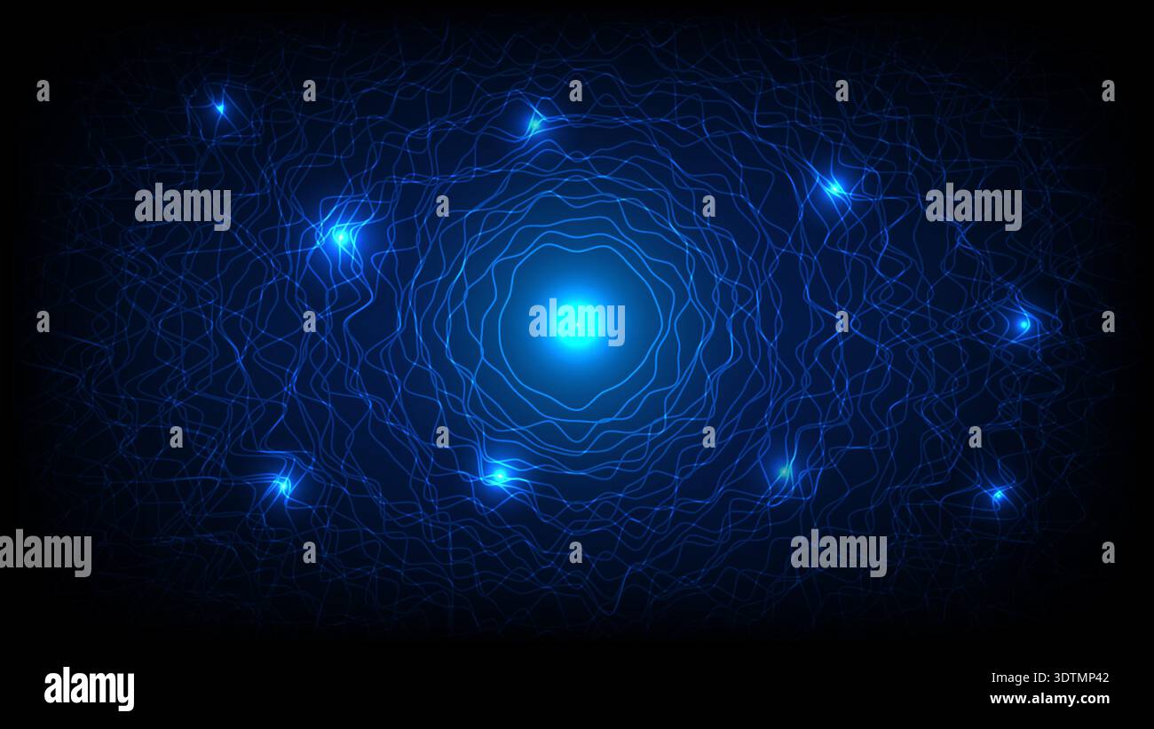 Futuristic blue energy tunnel with glowing particles and flowing wave lines, symbolizing technology, data flow and digital network Stock Vector