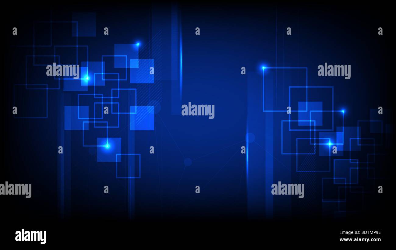Futuristic blue technology background featuring glowing squares, geometric lines and digital connection elements Stock Vector