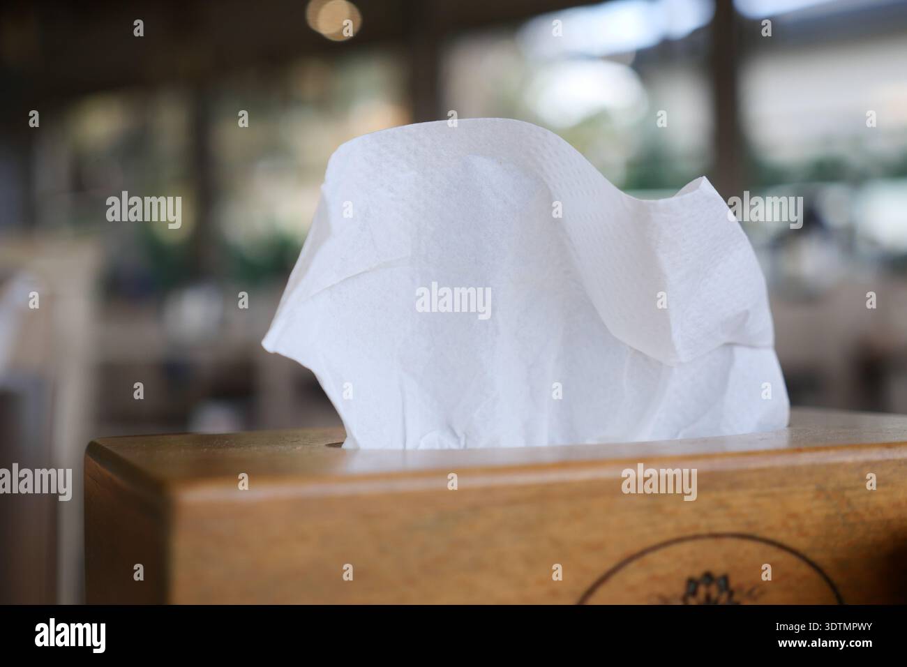 Tissue box on wooden table in a dining setting Stock Photo