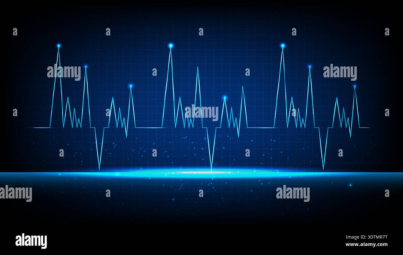 Abstract blue ECG heartbeat waveform glowing on digital grid, medical ...