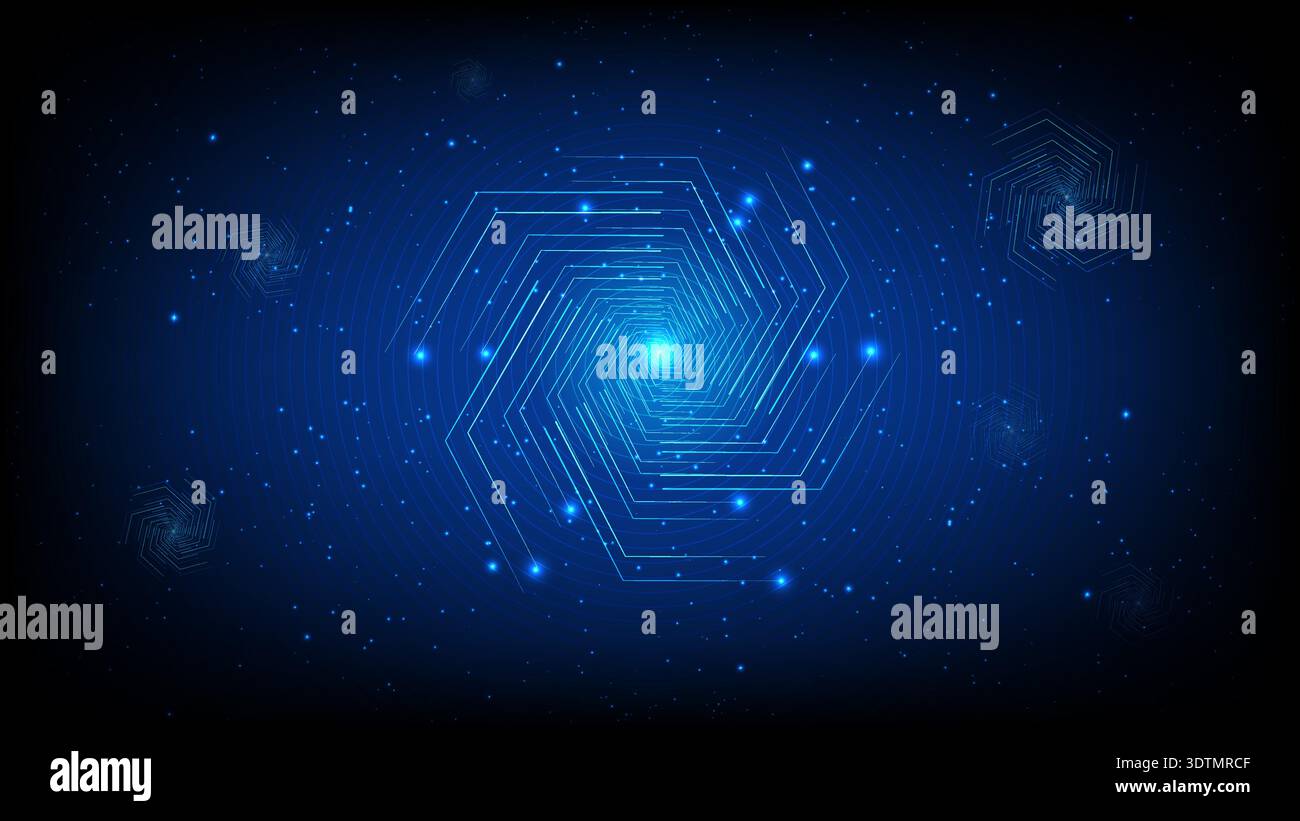 Abstract blue hexagonal tunnel with glowing light, digital particles and futuristic technology space background Stock Vector