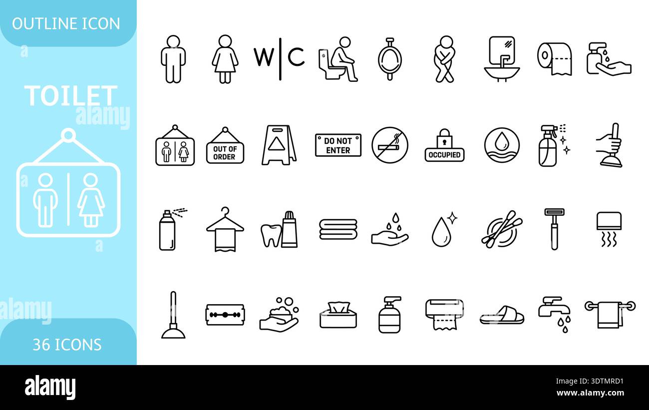 Clean outline icon set of toilet, restroom signs, cleaning and bathroom ...