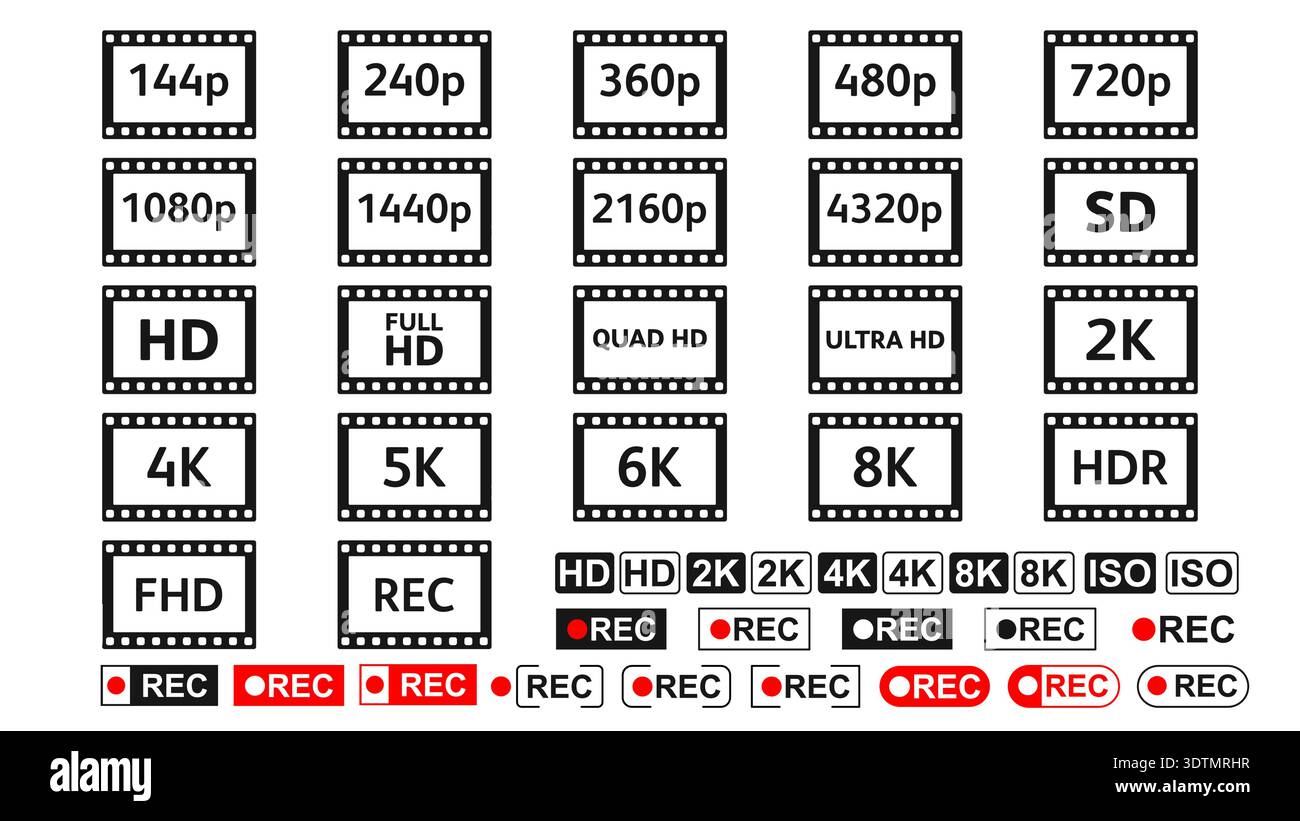 Collection of display resolution and recording icons including HD, 4K ...