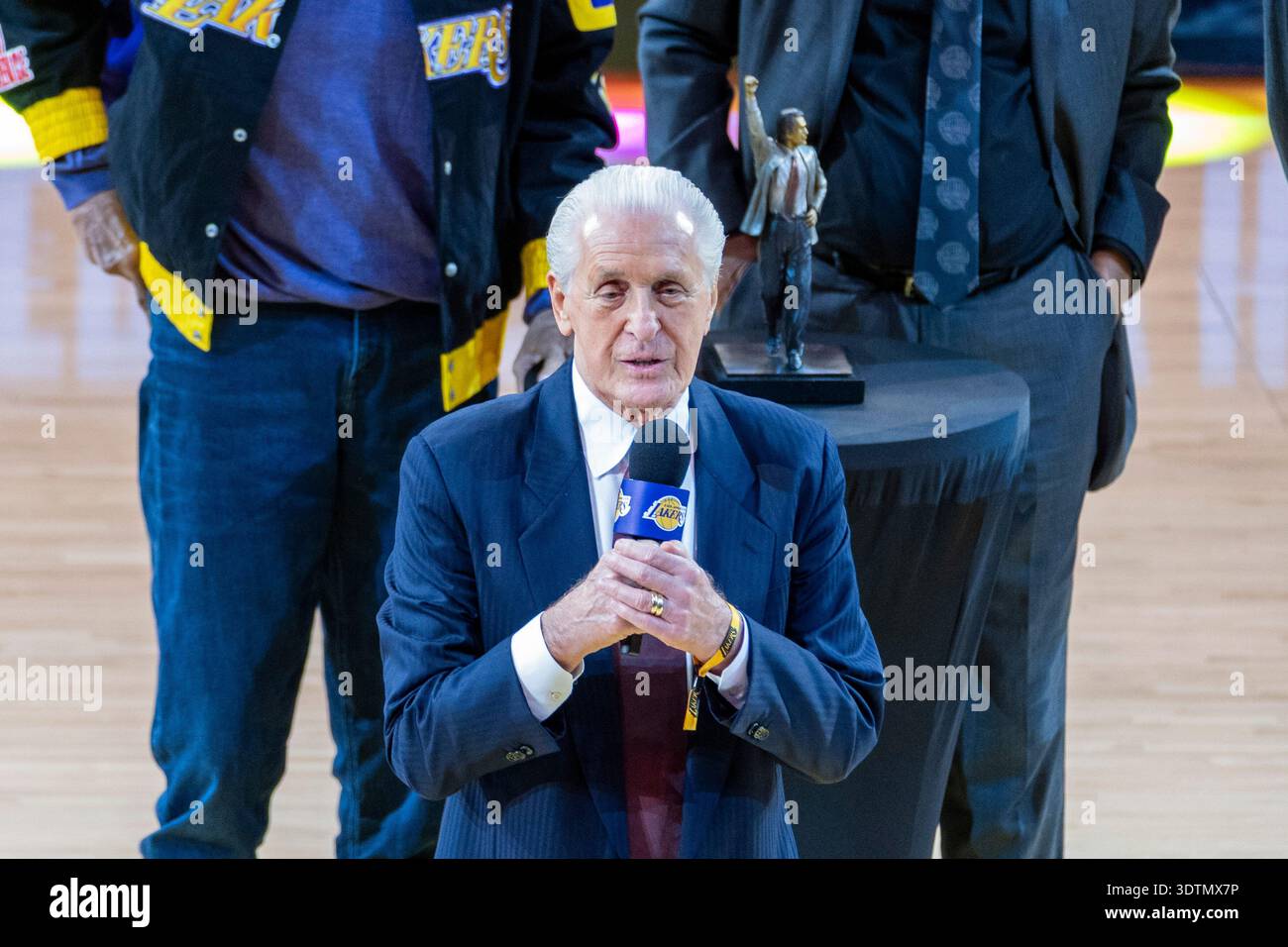 Pat Riley is honored during halftime of an NBA basketball game between ...