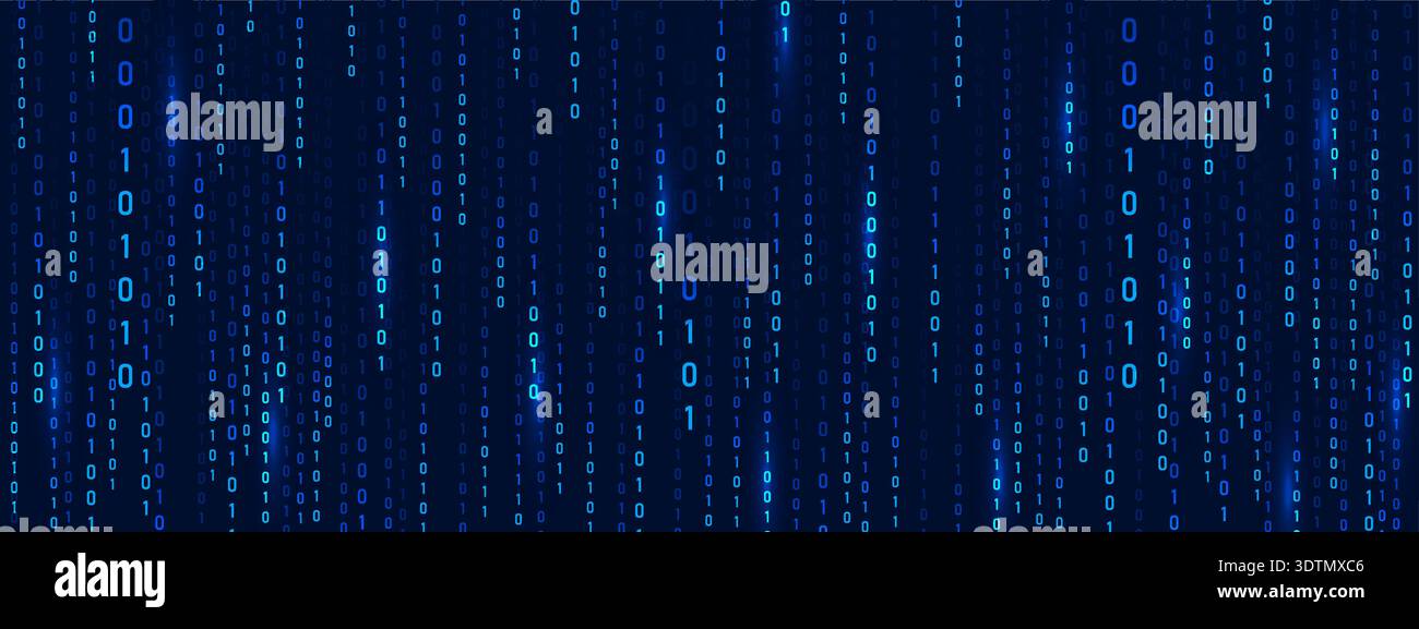 Binary Rain code on blue abstract background. Technology and security. Futuristic cyber matrix with computer information and science fiction depth Stock Vector