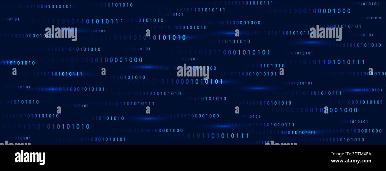 Blue binary code Rain on abstract matrix background. Computer technology. Futuristic cyber security with information and science fiction depth or Stock Vector