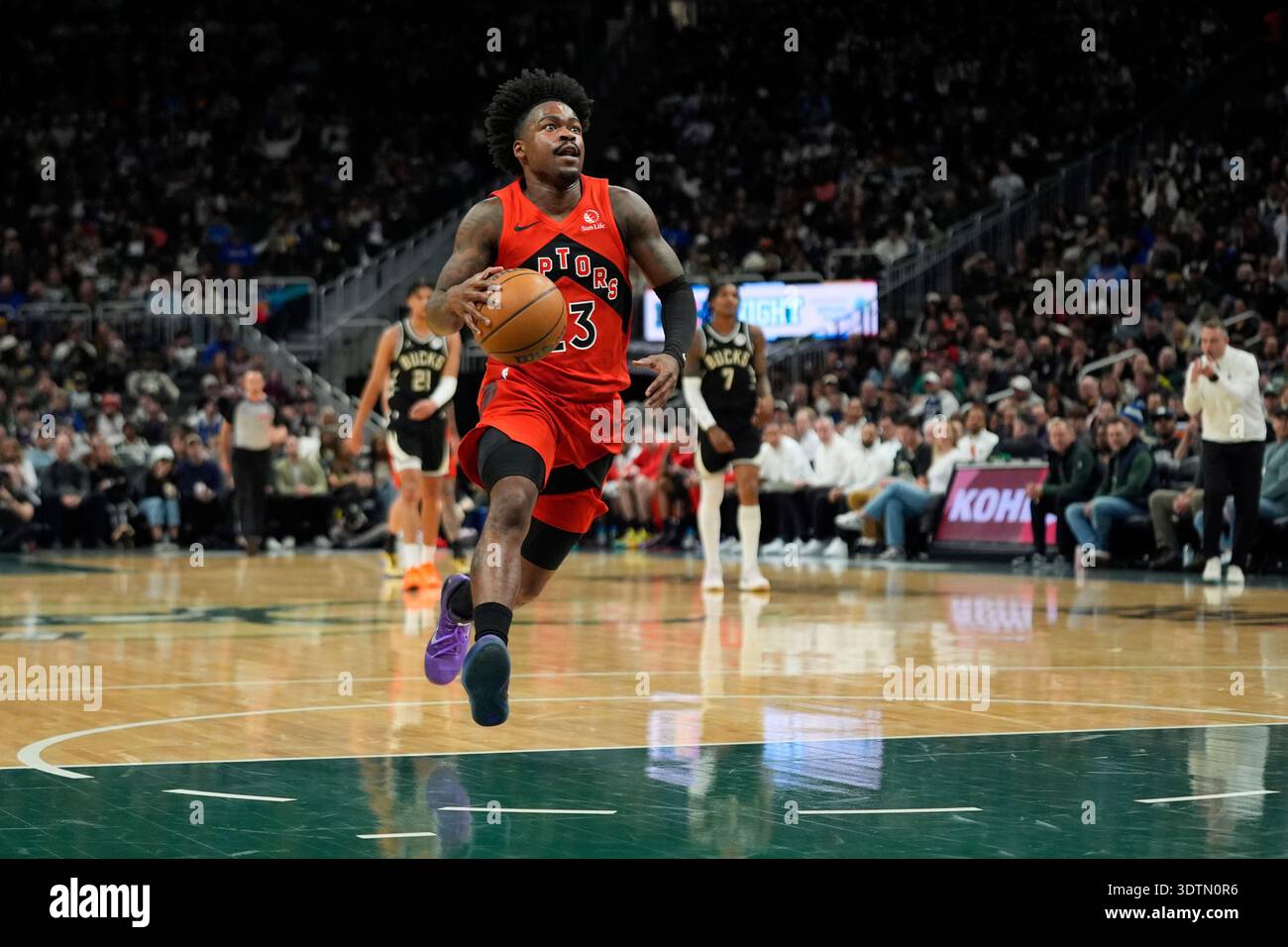 Toronto Raptors' Jamal Shead drives to the basket during an NBA ...