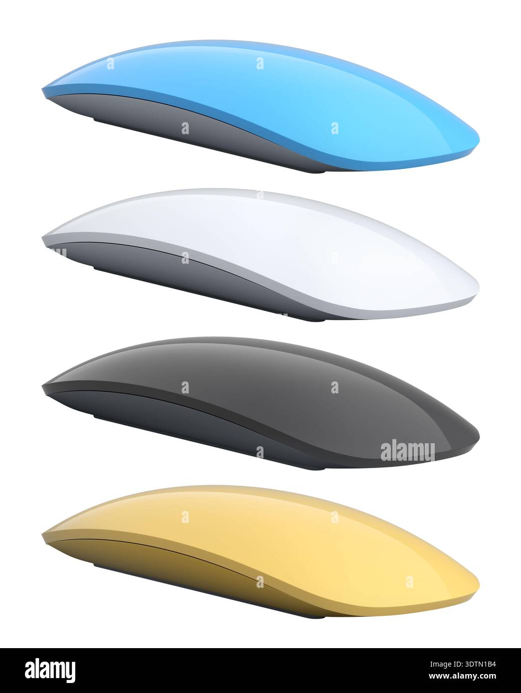 Set of wireless computer mice in various colors side by side isolated on white background, tech design concept. Stock Photo