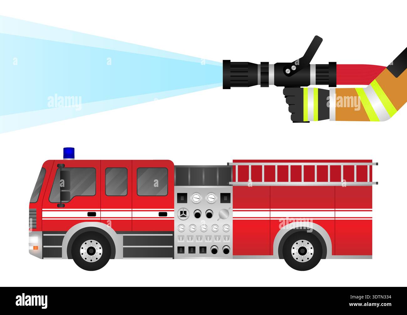 Fire Engine or Fire Truck and Fire Firefighter. Vector Illustration. Stock Vector
