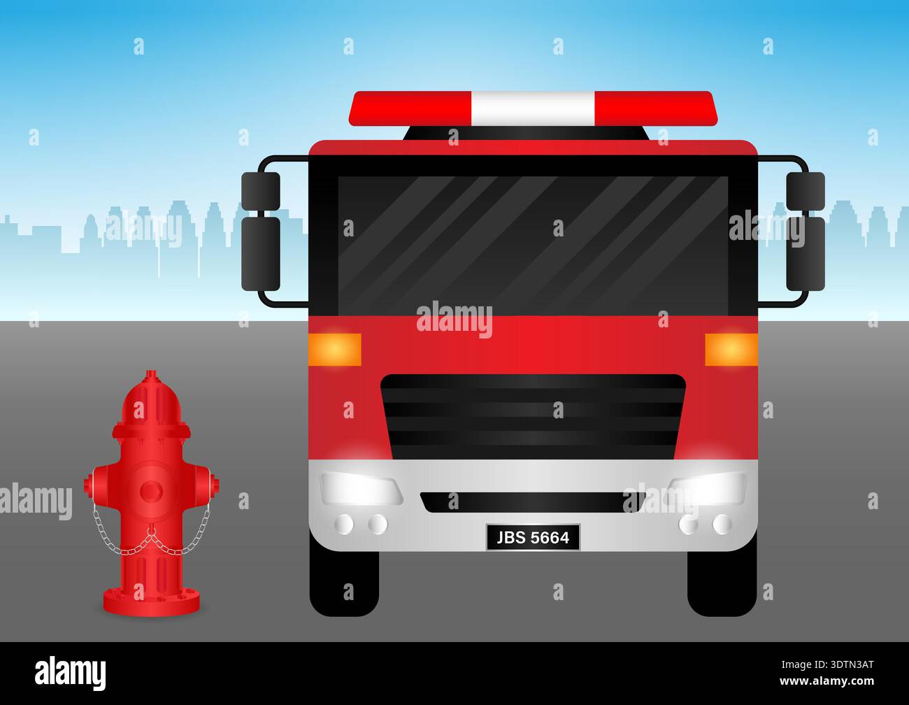 Fire Engine or Fire Truck and Red Fire Hydrant. Vector Illustration. Stock Vector