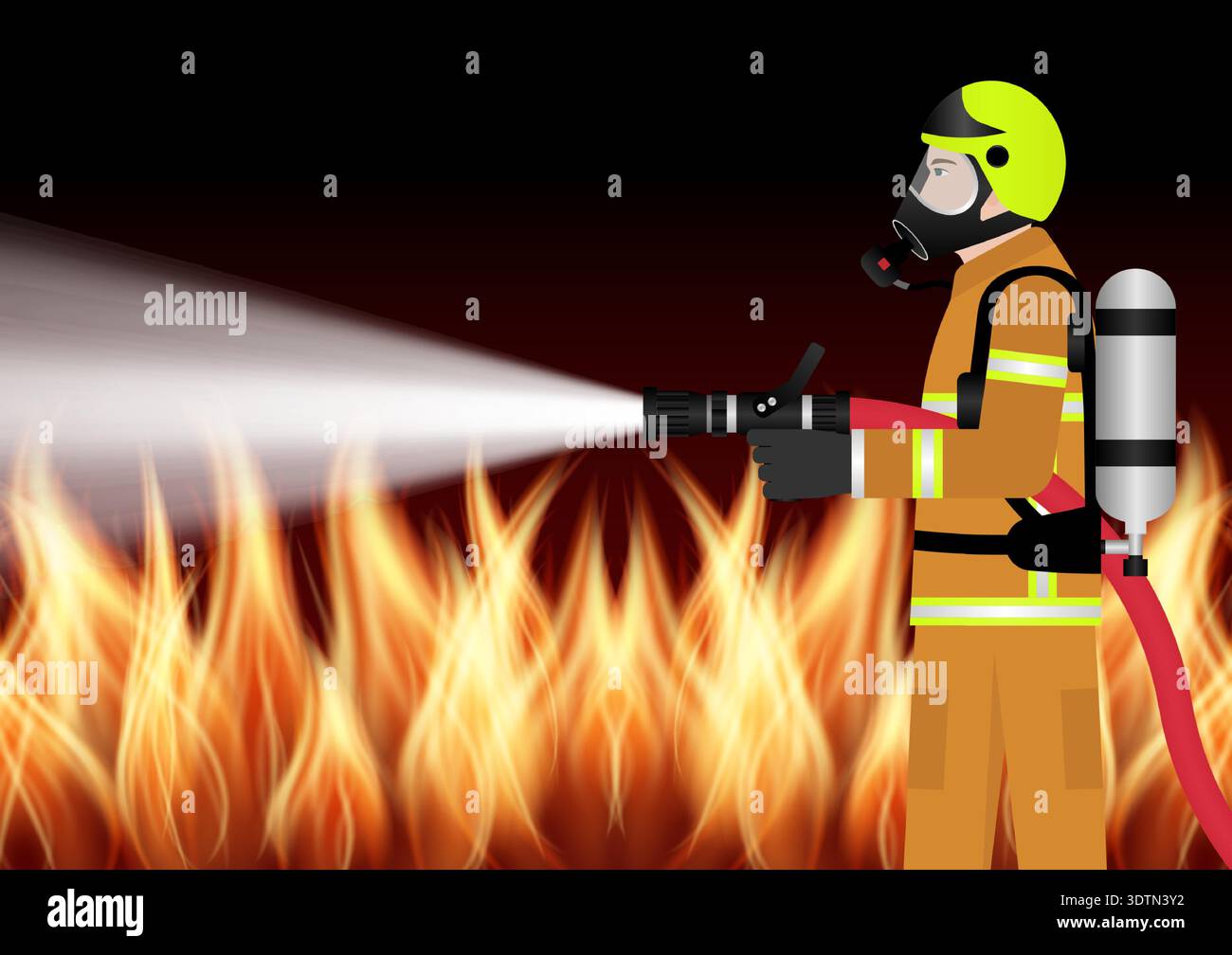 Firefighter Spraying Water to Extinguish Fire Flame. Vector Illustration. Stock Vector