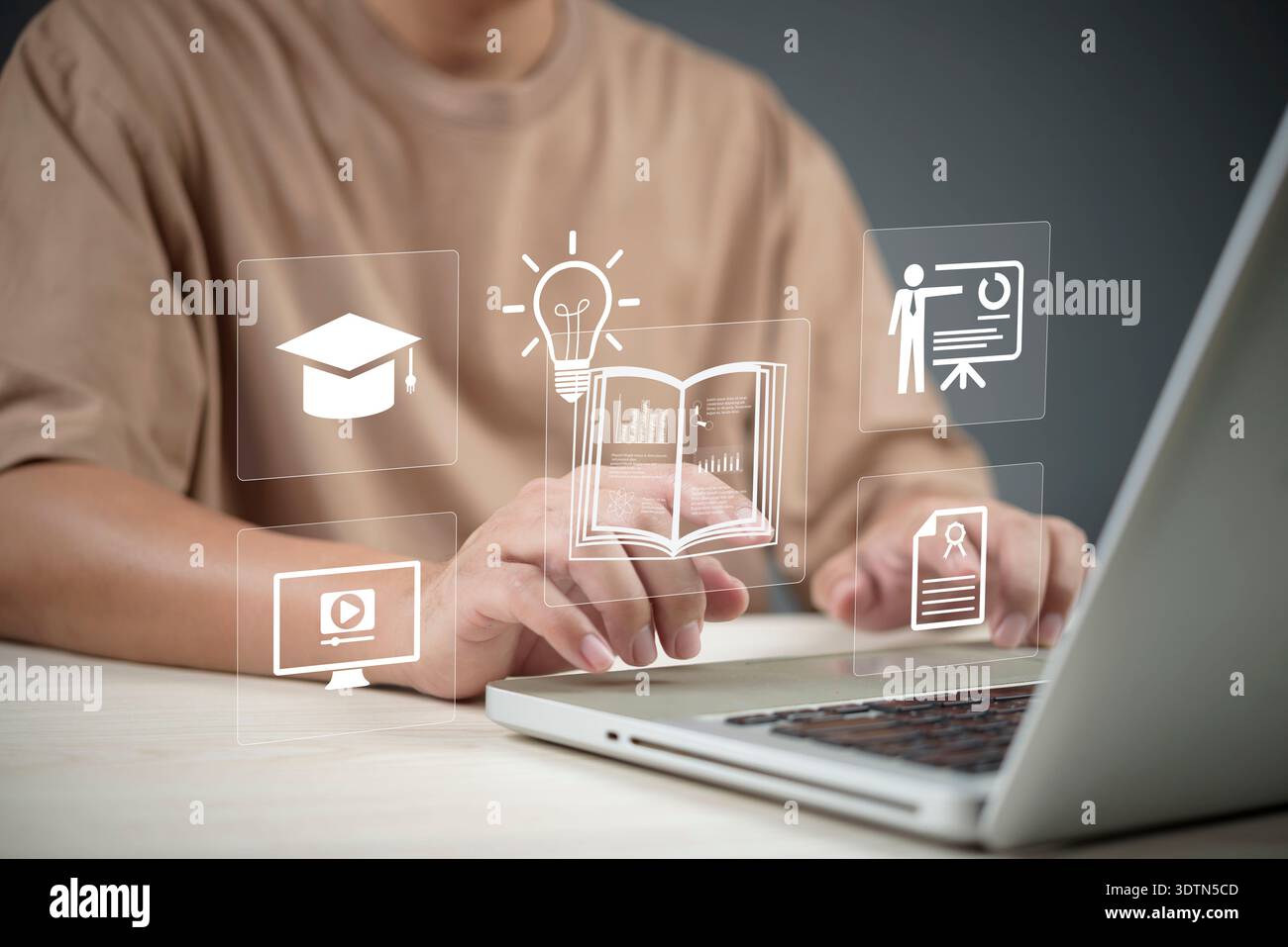 E-learning technology skill development, online education course. Student learning on laptop with virtual icons: webinar, knowledge, certificate. Grad Stock Photo