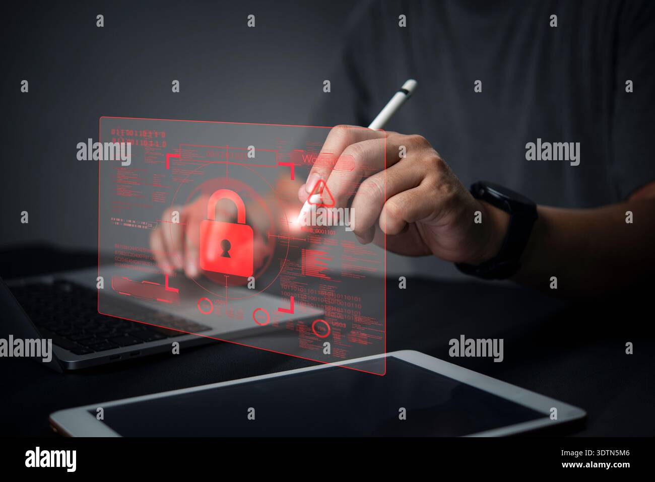 Man hand use virtual screen. Cybersecurity technology concept. Hacker attack alert warning icon. Red padlock data protection network security. Futuris Stock Photo