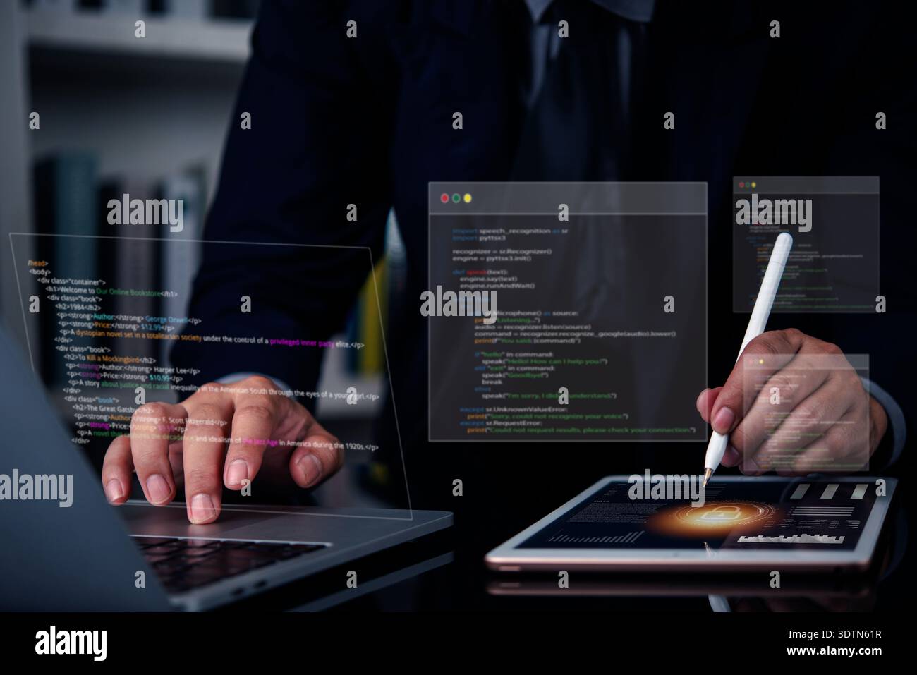Software developer programming python code for AI. Web development with HTML and cybersecurity for data protection. Programmer working on futuristic v Stock Photo