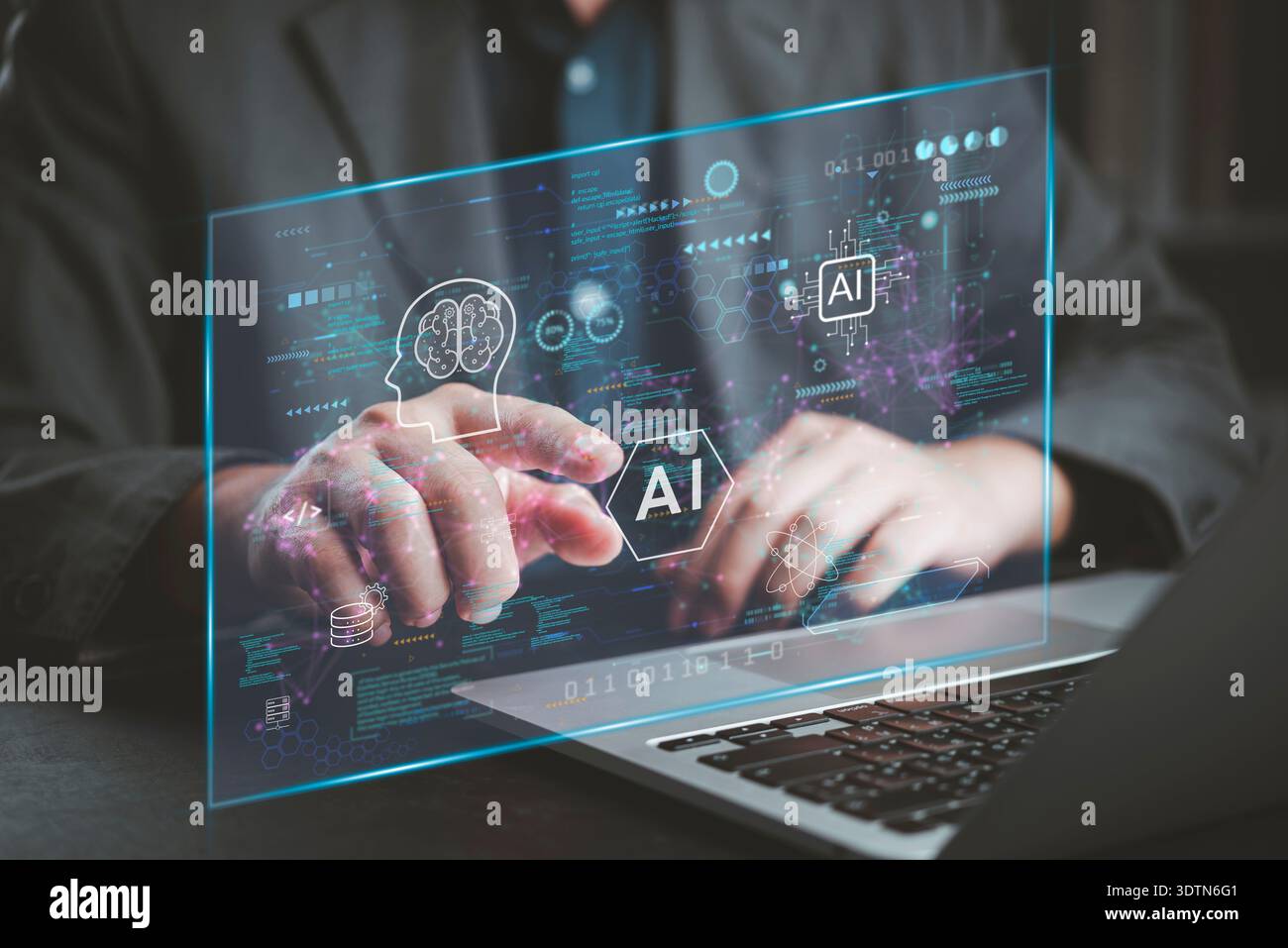 Man coding AI laptop with futuristic virtual dashboard. Analyzing data, developing software with machine learning and neural network icons. Digital tr Stock Photo