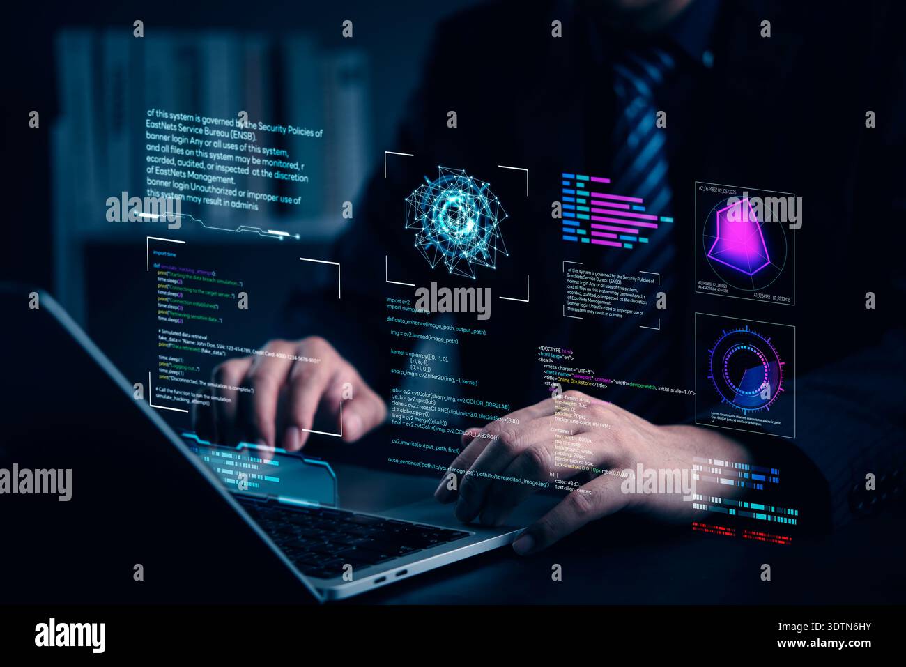 Developer coding on laptop with AI data analysis on virtual screen. Futuristic interface shows cybersecurity graphs, software development, big data. T Stock Photo