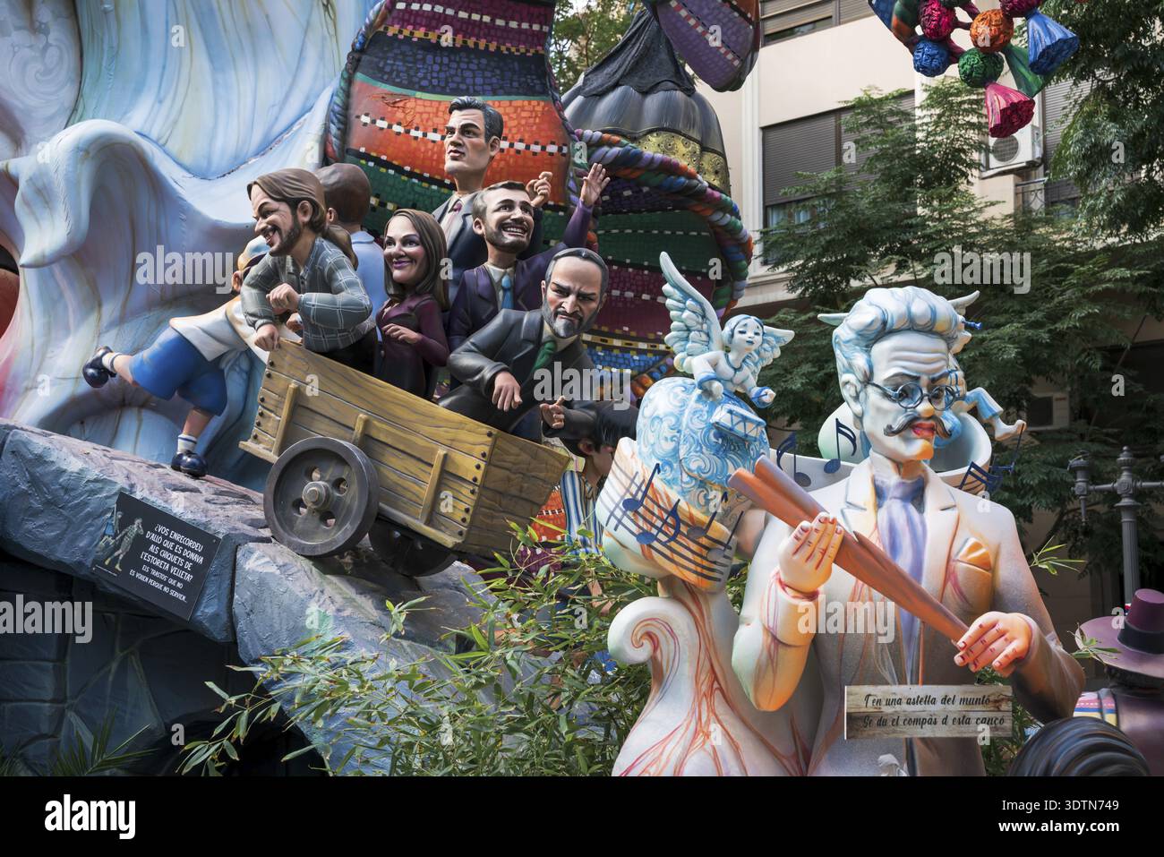 Valencia, Spain - 4 September 2021: The cartoon sculptures for the national festival Fallas are displaying current political affairs with a caricature Stock Photo