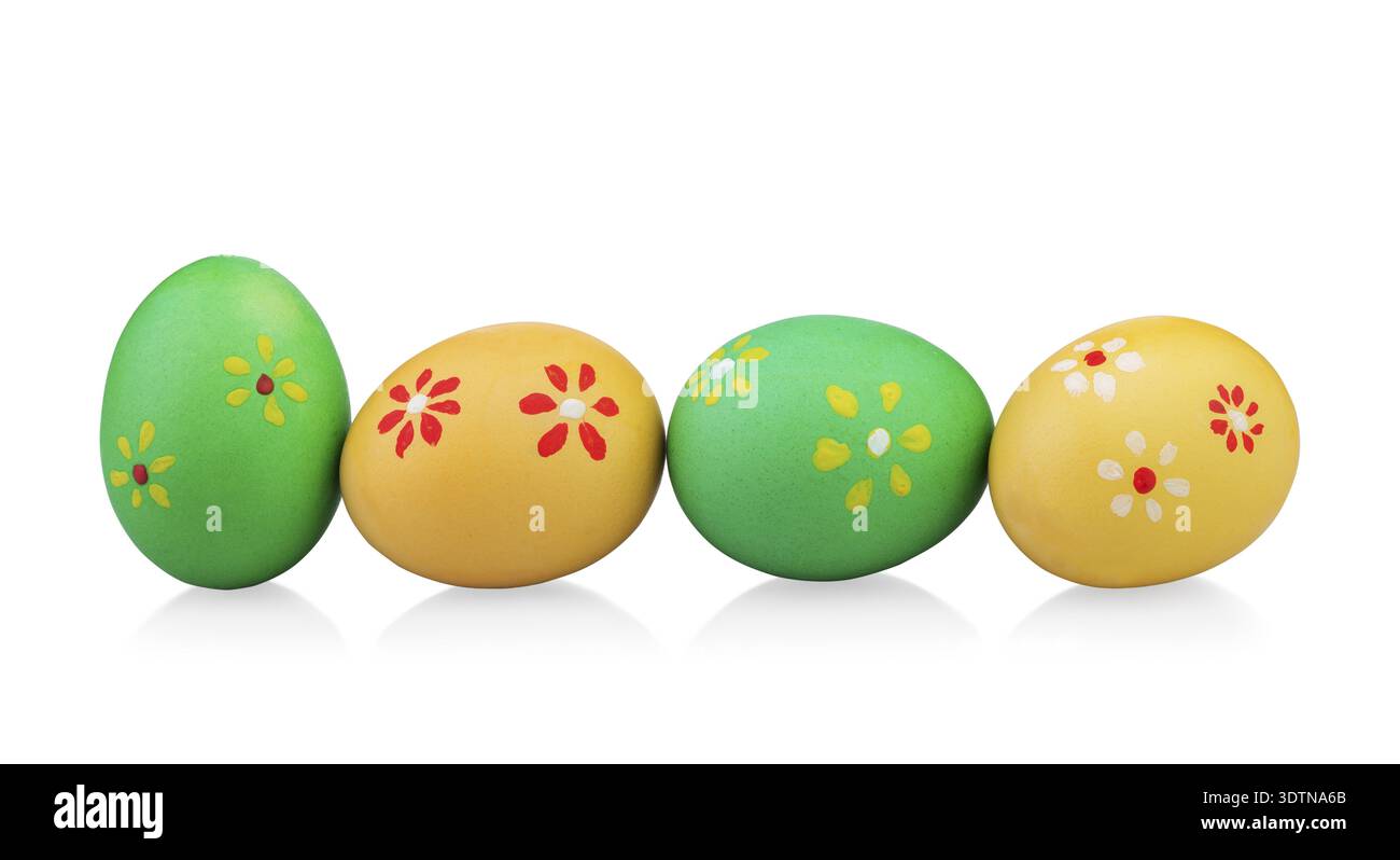 Multi colored easter eggs with handmade flowers isolated on white background Stock Photo