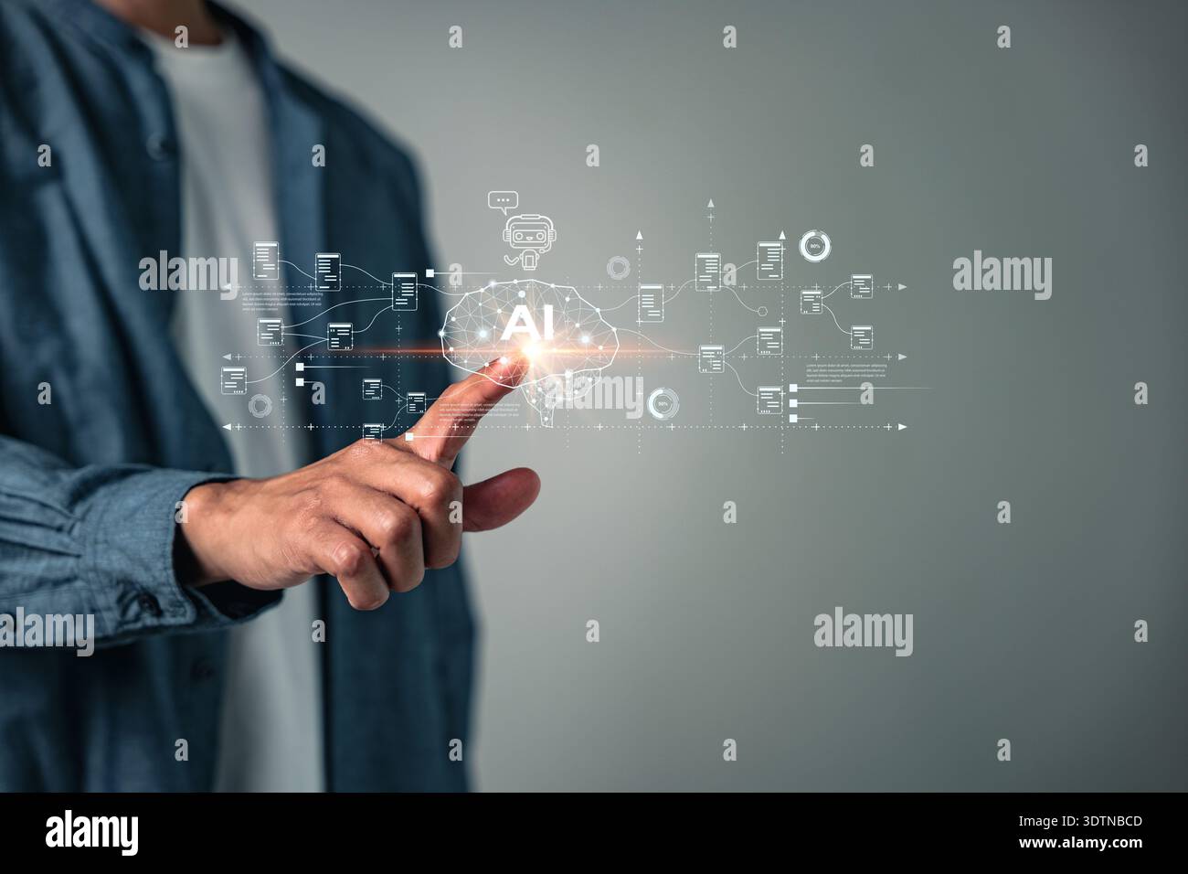Touching the virtual AI brain represents digital technology system development, innovation and strategy for analyzing business, showcasing future digi Stock Photo