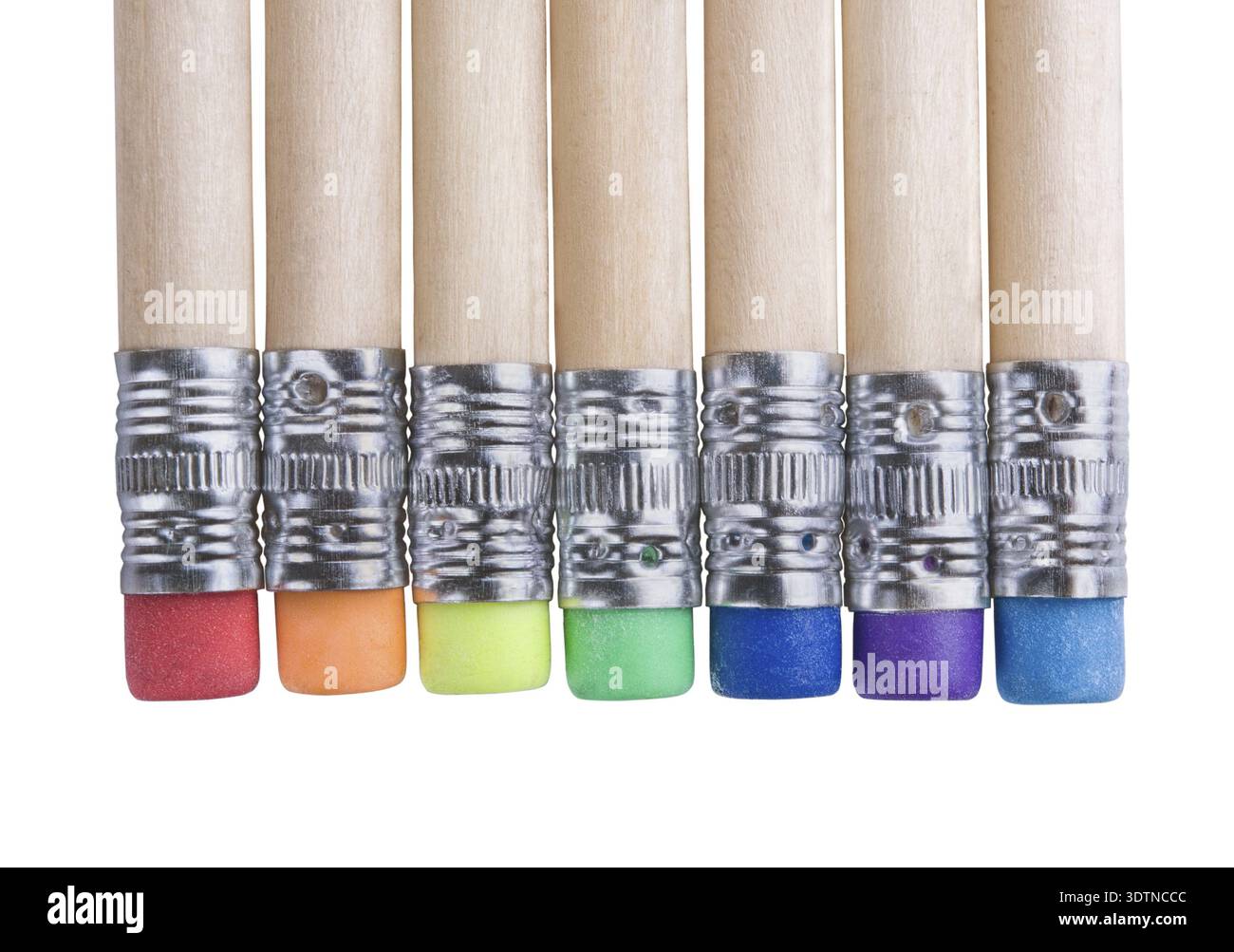 Several pencils with erasers different colours isolated on white background Stock Photo