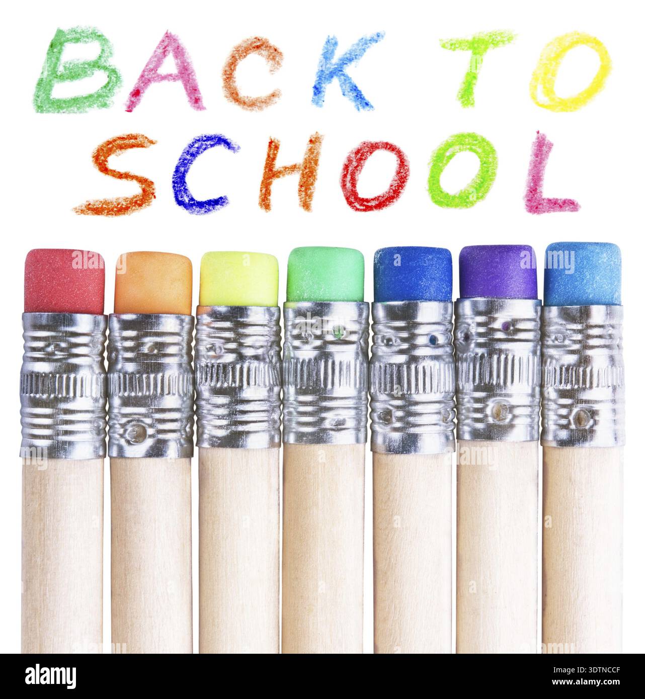 Several pencils with erasers different colours isolated on white background Stock Photo