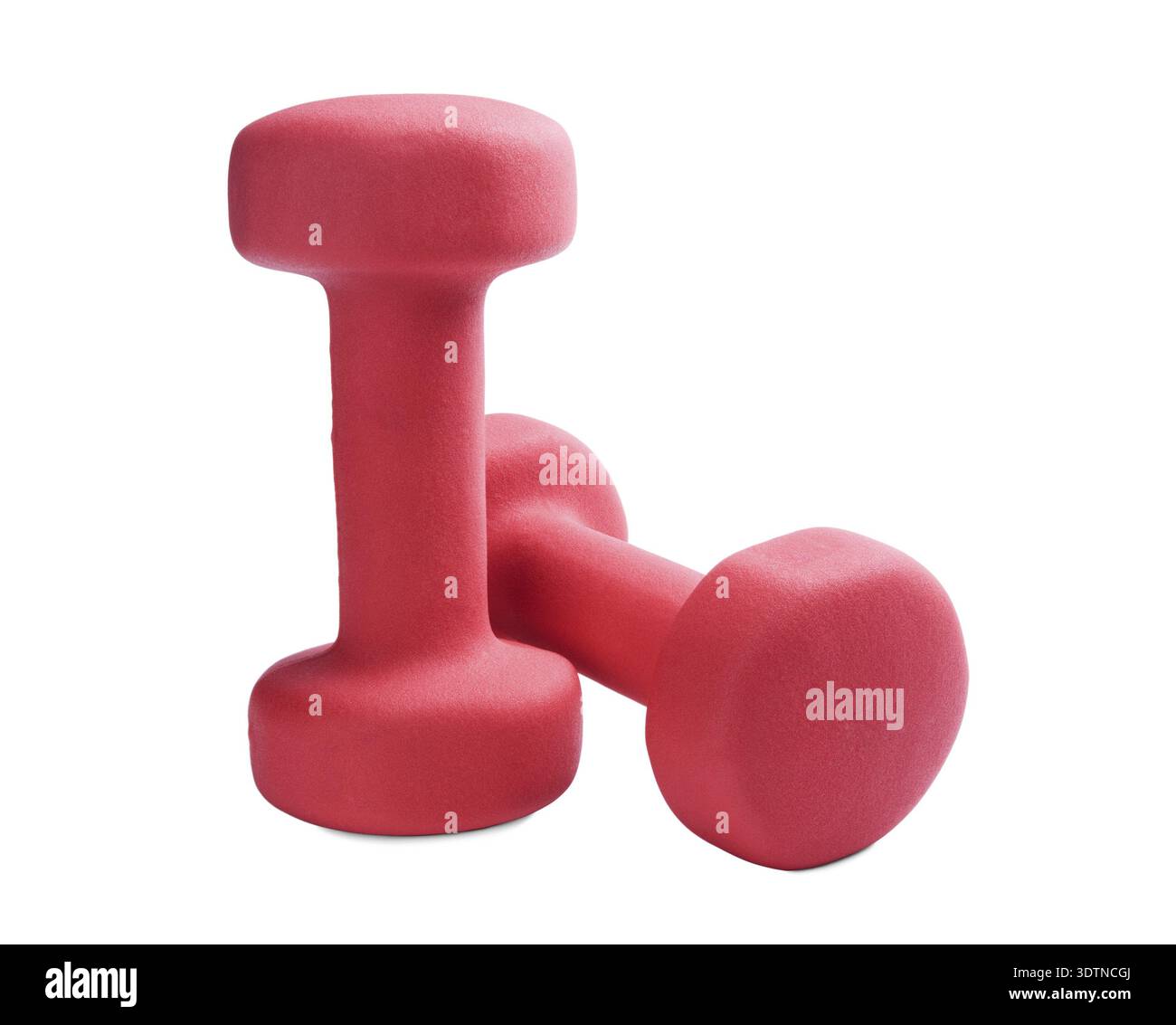 Two red plastic coated dumbells isolated on white Stock Photo