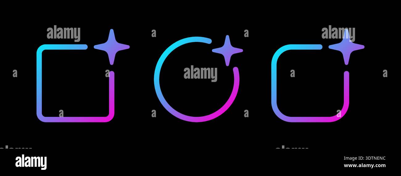 AI gradient square, circle frame. Artificial intelligence neon border with star. Design element. Neural network border with blue pink gradient. Vector Stock Vector
