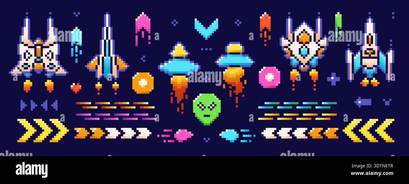Color images of pixel art UFO, raiders, spaceships, and other game ...