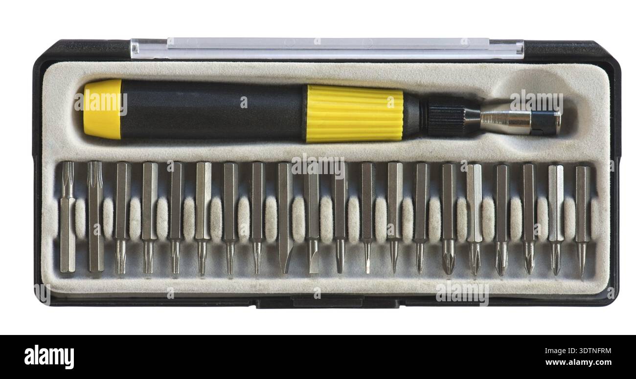 Toolbox with screwdriver and replaceable bits isolated on white Stock Photo
