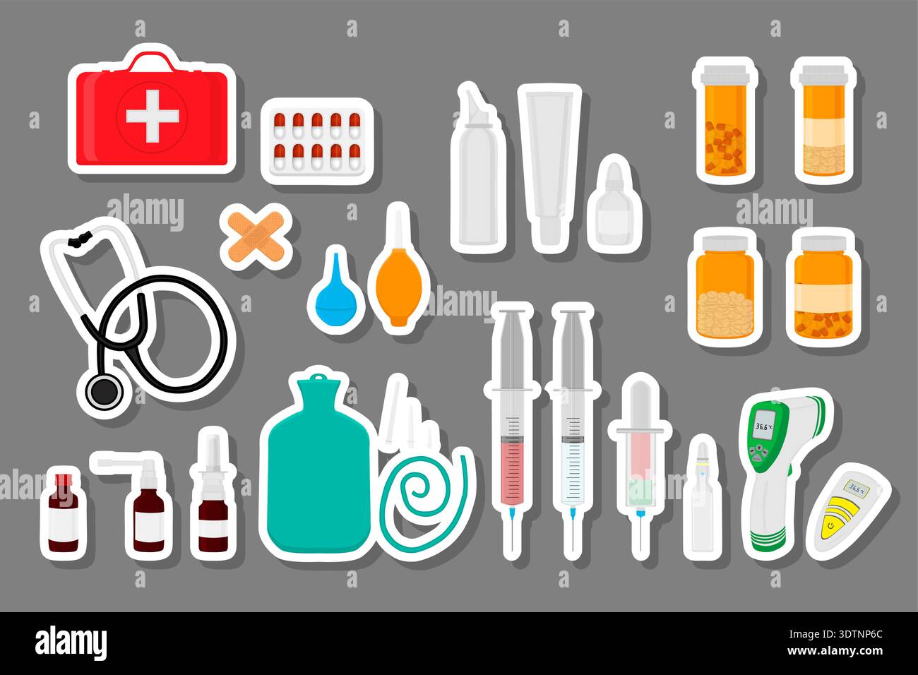 Illustration on theme big colored set different types of syrup in vial ...